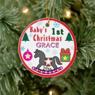 Baby Girl First Christmas PHOTO Pink Gray Horse Ceramic Tree Decoration