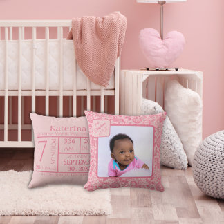Baby Girl First Christmas Photo Pink Toile Cushion