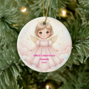 Baby Girl First Christmas Pink Angel Photo Ceramic Tree Decoration