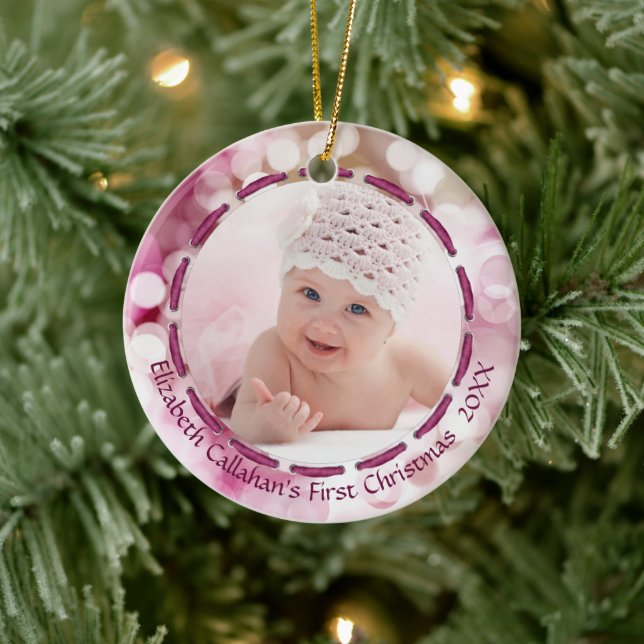 Baby Girl First Christmas, Pink Bokeh, Two Photos Ceramic Tree Decoration (Tree)