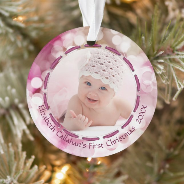 Baby Girl First Christmas Pink Bokeh Two Photos Ornament (Tree)