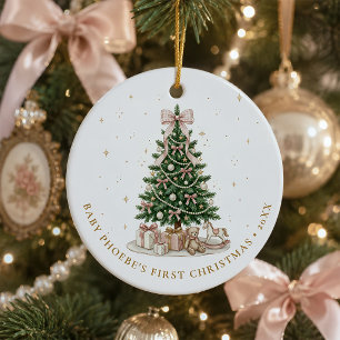 Baby Girl First Christmas Pink Bow Personalised Ceramic Tree Decoration