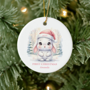Baby Girl First Christmas Pink Bunny Photo Ceramic Tree Decoration