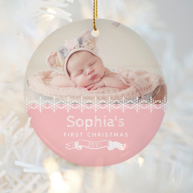 Baby Girl First Christmas Pink Custom Photo Ceramic Tree Decoration (Creator Uploaded)