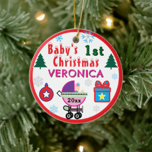 Baby Girl First Christmas Pink Doll Carriage NAME Ceramic Tree Decoration