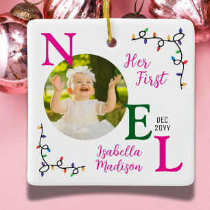 Baby Girl First Christmas Pink First Noel Photo Ceramic Ornament