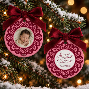 Baby Girl First Christmas Pink Floral Photo Ceramic Tree Decoration