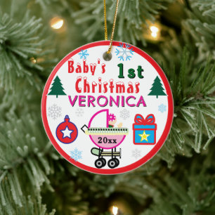Baby Girl First Christmas Pink Hat NAME Ceramic Tree Decoration