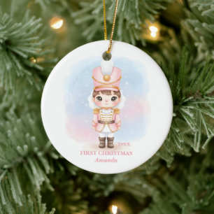Baby Girl First Christmas Pink Nutcracker Photo Ceramic Tree Decoration