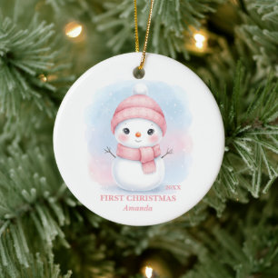 Baby Girl First Christmas Pink Snowman Photo Ceramic Tree Decoration