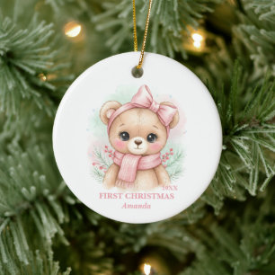 Baby Girl First Christmas Pink Teddy Bear Photo Ceramic Tree Decoration