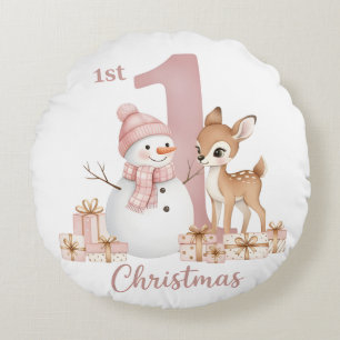 Baby Girl First Christmas Snowman Deer Round Cushion