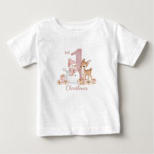 Baby Girl First Christmas Snowman Deer T-Shirt