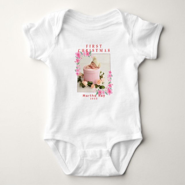 Baby Girl First Christmas Soft Pink floral frame Bodysuit (Front)