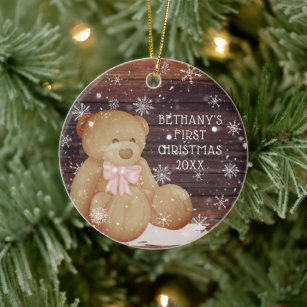 Baby Girl First Christmas Teddy Bear Wood Snow Ceramic Tree Decoration