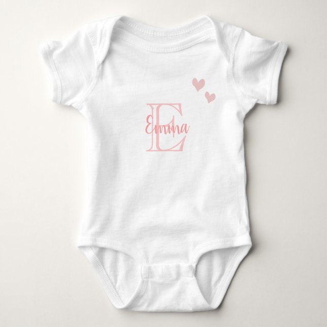 Baby Girl First Name Pink Monogram Heart Bodysuit (Front)