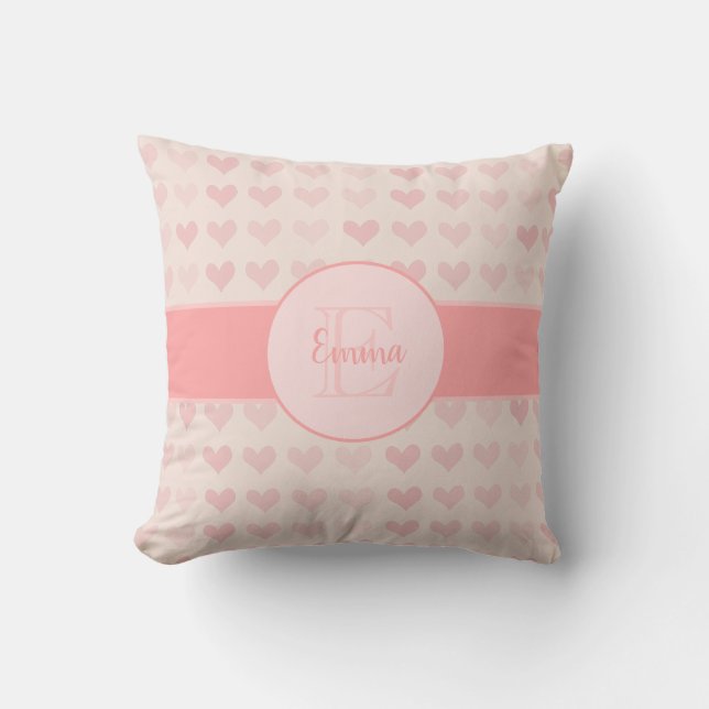 Baby Girl First Name Pink Monogram Heart Pattern Cushion (Front)