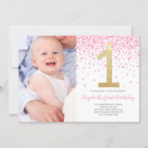 Baby Girl First Photo Birthday Pink Confetti Girl Invitation