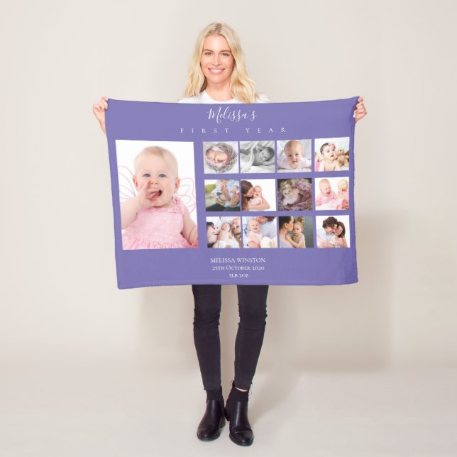 Baby girl First Year Photo Collage Purple Cute Fleece Blanket (In Situ)