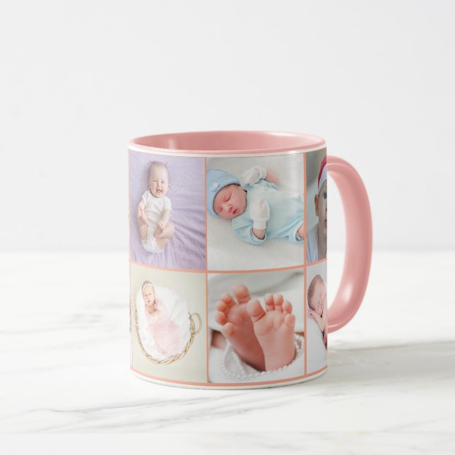 Baby girl first year photo collage script Pink Mug (Front Right)