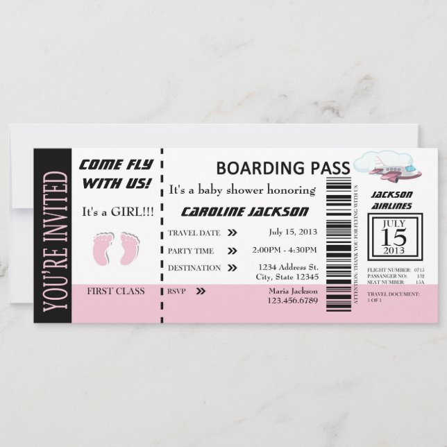 Baby Girl Flight Ticket Invitation Customisable (Front)