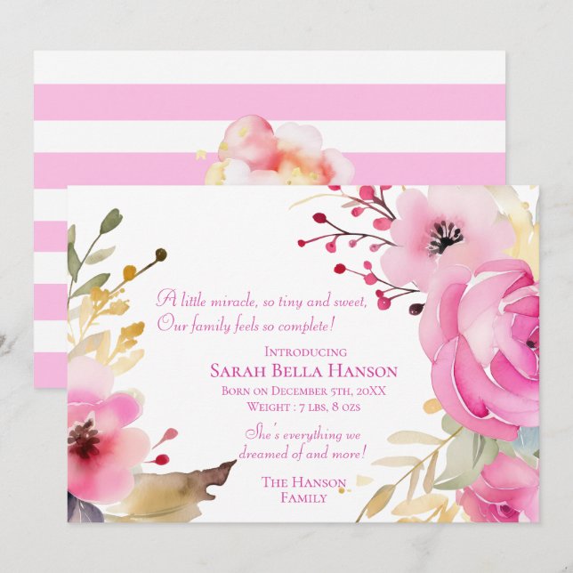 Baby Girl Floral Birth Announcement (Front/Back)