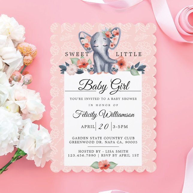 Baby Girl Floral Elephant Baby Shower Invitation (Baby Girl Floral Elephant Baby Shower Invitation)