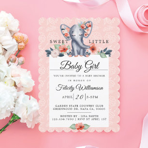 Baby Girl Floral Elephant Baby Shower Invitation