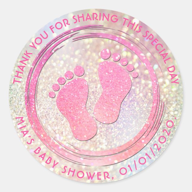 Baby Girl Footprint Glittering  Baby Shower Favour Classic Round Sticker (Front)