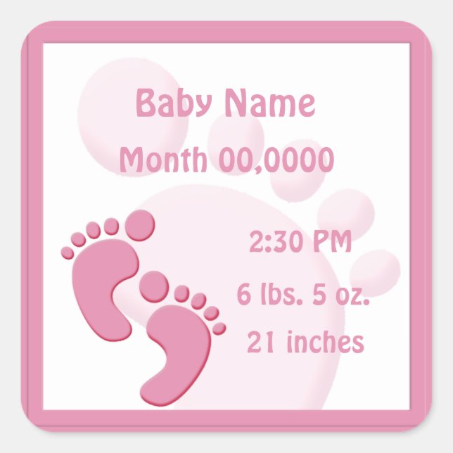 Baby Girl Footprint Little Feet Birth Announcement Square Sticker (Front)