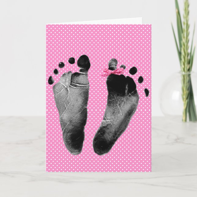 Baby Girl Footprints On Polka Dots Card (Front)