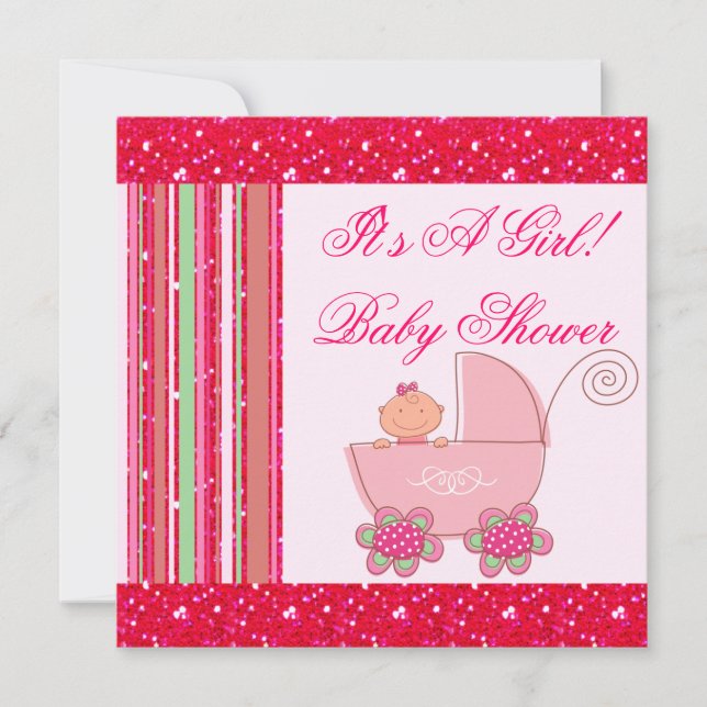 Baby Girl & Glittery Strawberry Pink Baby Shower Invitation (Front)
