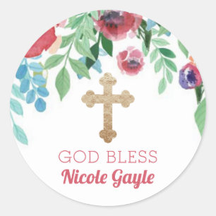 Baby Girl Gold Cross Baptism Favour Flowers Classic Round Sticker