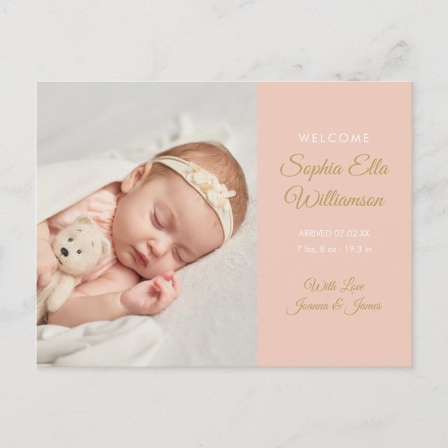 Baby Girl Gold Script Photo Elegant Birth Announcement Postcard (Front)
