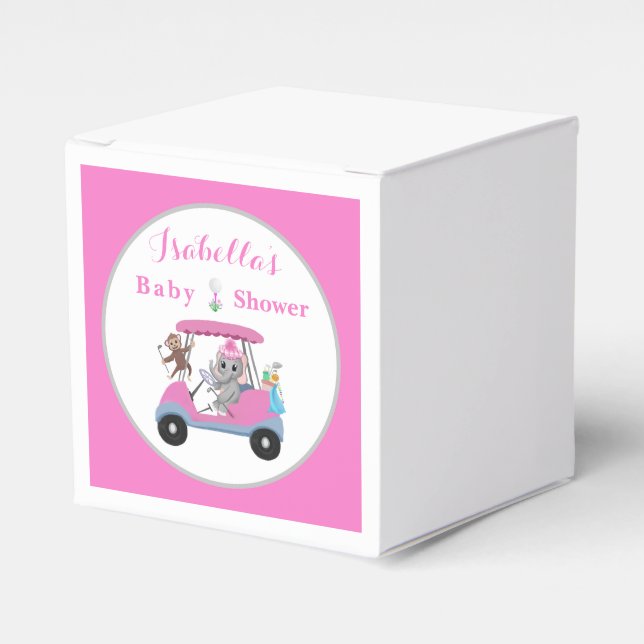 Baby Girl Golfing Elephant & Monkey Shower  Favour Box (Front Side)