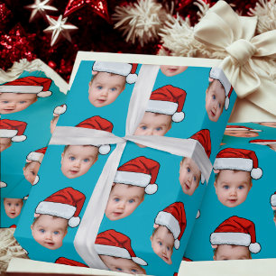 Baby Girl Head Face Photo Santa Hat Xmas Blue Wrapping Paper
