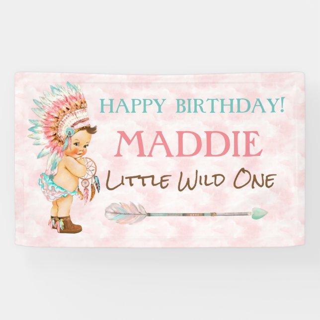 Baby Girl Headdress Native American Pink Aqua Banner (Horizontal)