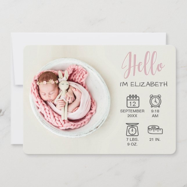 Baby girl hello overlay photo & birth stats icons announcement (Front)