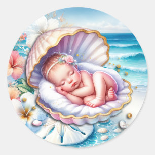 Baby Girl in a Seashell Baby Shower Classic Round Sticker