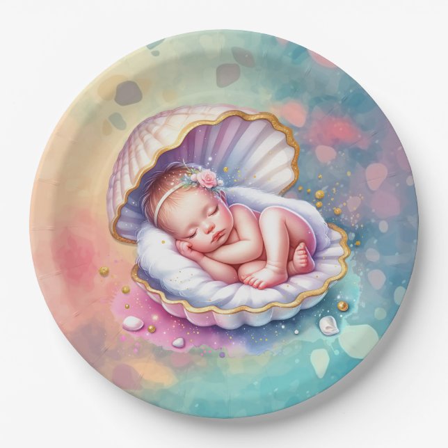 Baby Girl in a Seashell Baby Shower  Paper Plate (Front)