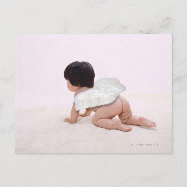 Baby girl in angel wings, smiling, rear view postcard (Front)