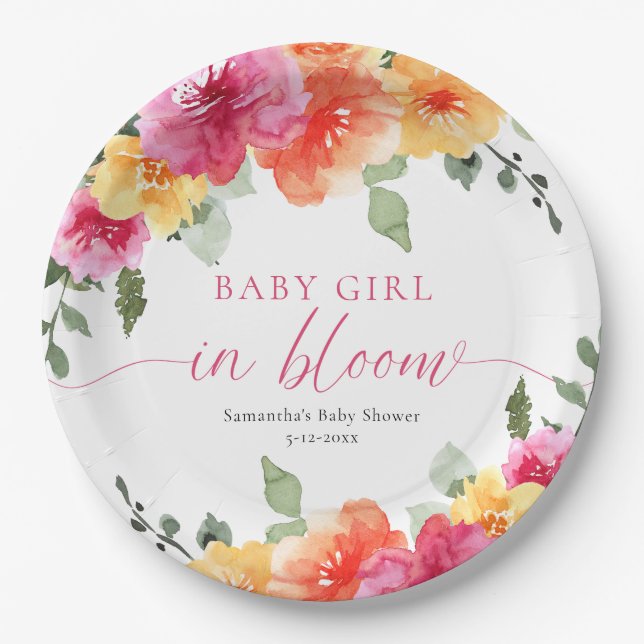 Baby Girl in Bloom bright floral baby shower Paper Plate (Front)