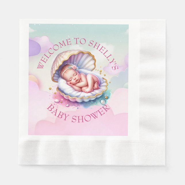 Baby Girl in Seashell Baby Shower Big Sister to be Napkin (Front)