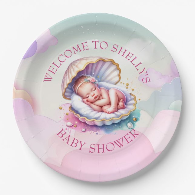 Baby Girl in Seashell Baby Shower Big Sister to be Paper Plate (Front)