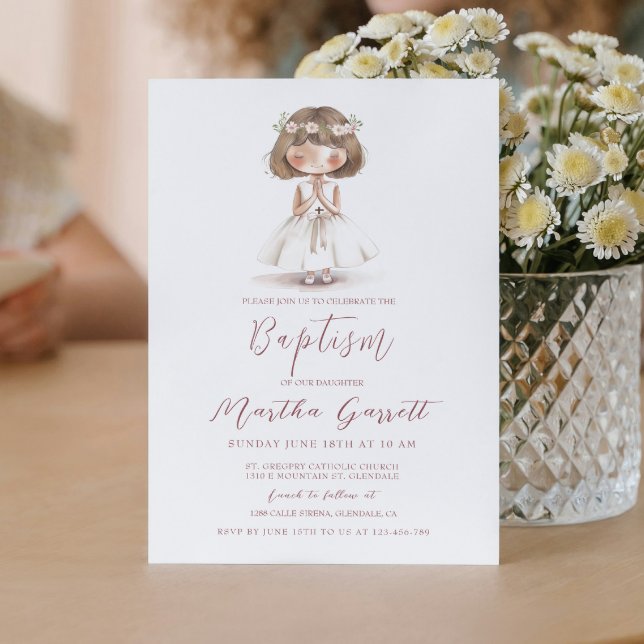 Baby Girl in White Dress Praying Girl Baptism Invitation (Creator Uploaded)