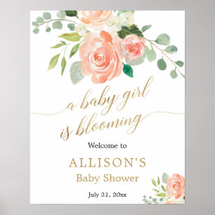 Baby girl is blooming peach flower welcome sign
