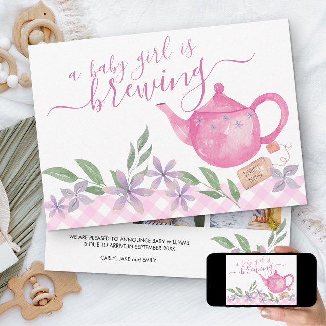 Baby Girl is Brewing 3 Photo Cute Teapot Pregnancy Announcement (Creator Uploaded)