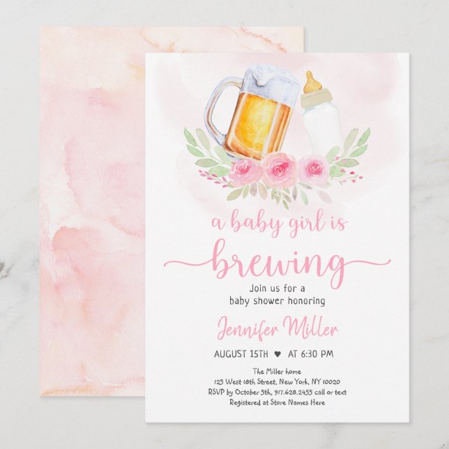 Baby Girl Is Brewing Blush Floral Baby Shower Invitation (Front/Back)