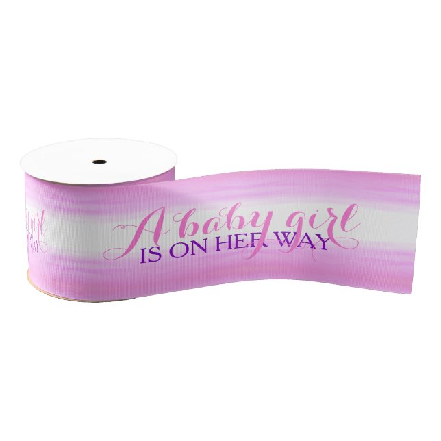 Baby girl is on his way pink baby shower grosgrain ribbon (Spool)