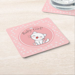 Baby Girl Kitten Pawprints Paper Napkins Square Paper Coaster